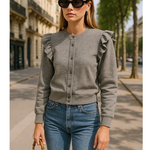Clare V. Cardigan Le Snap Ruffle Sweatshirt Gray Size Medium Paris Neutral Cozy - Picture 1 of 9
